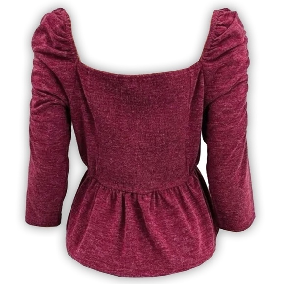 Anthropologie Moon River Peplum Top Blouse Heather Burgundy Ruched Shirred Back - Picture 13 of 16
